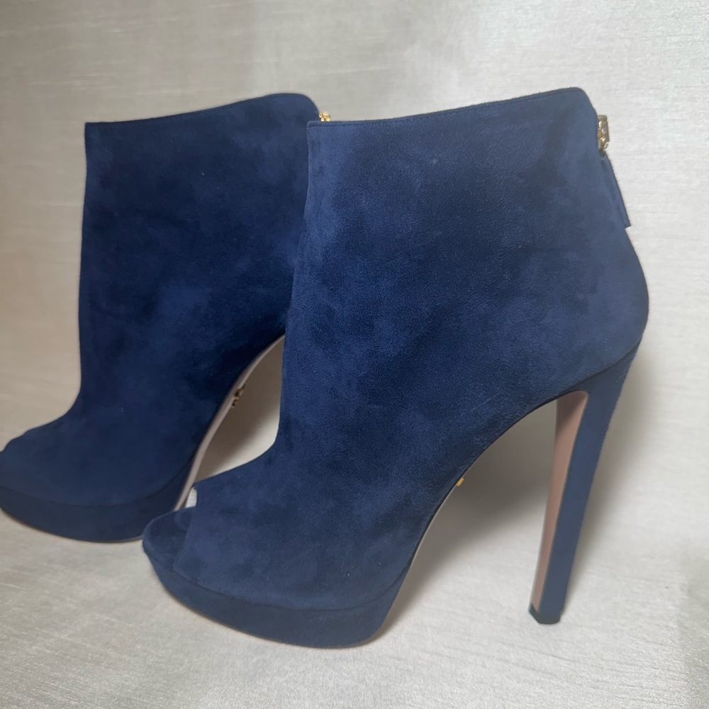 PRADA Calzature Donna Blue Suede peep toe bootie heels